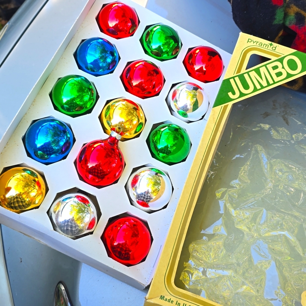 Vintage Jumbo Pyramid Mercury Glass Multicolor Xmas Ornaments Lot Of 15 In Box